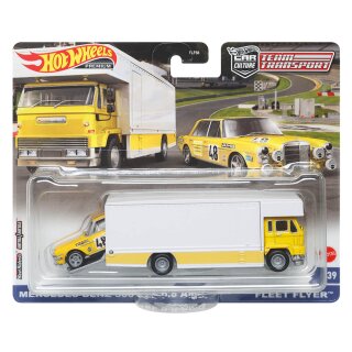 Mercedes-Benz 300 SEL 6.8 AMG + Fleet Flyer Team Transport #39 Car Culture 1:64 Hot Wheels HCR32 FLF56