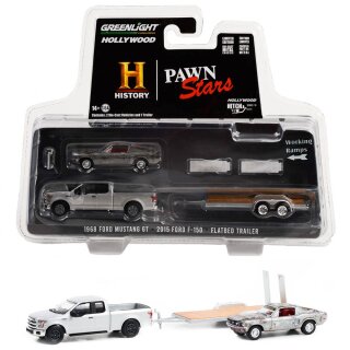 1968 Ford Mustang GT + 2015 Ford F-150 + Flatbed Trailer History Pawn Stars 1:64 GreenLight 31130